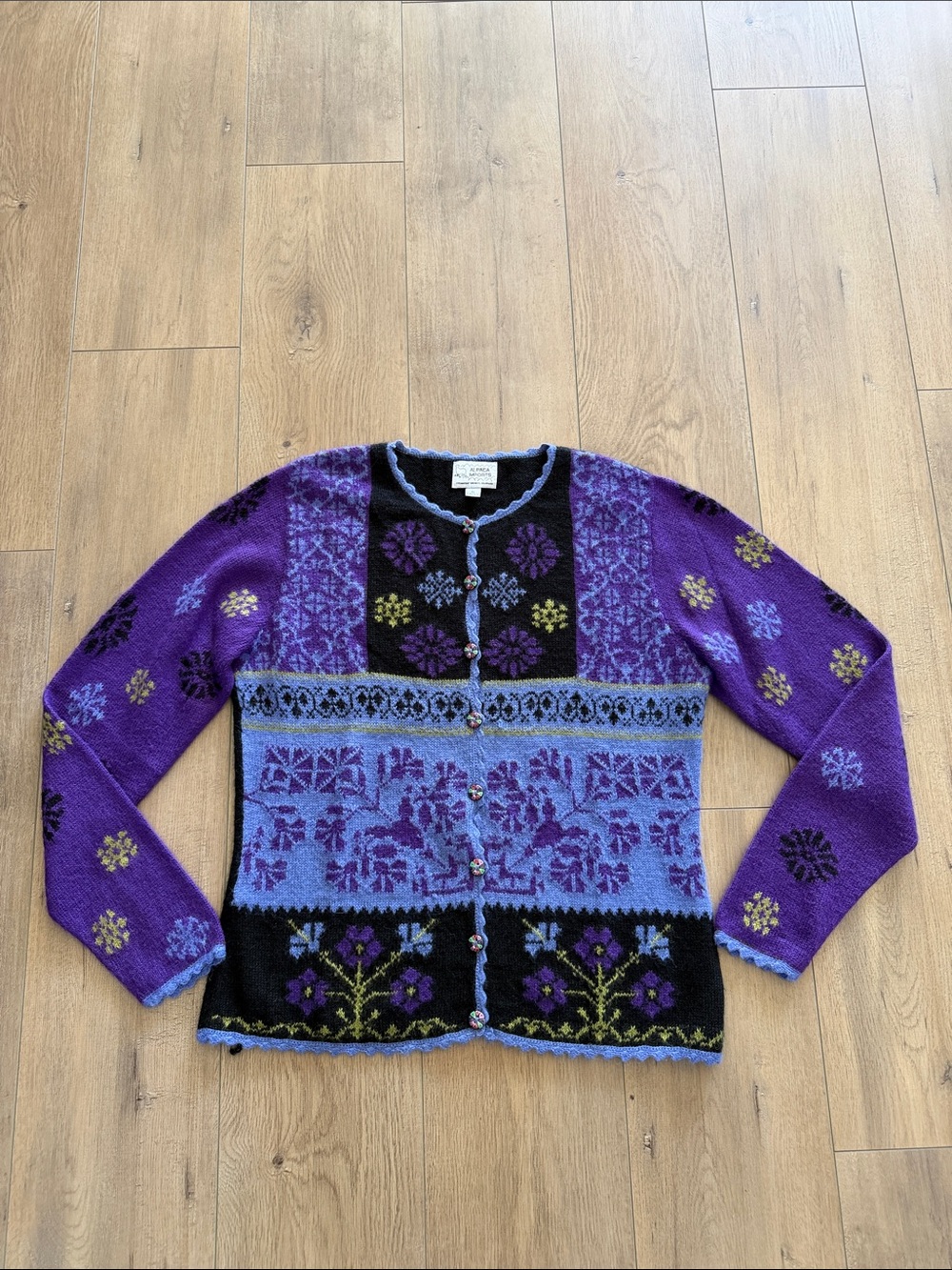 Alpaca Imports Women's Nordic Patchwork Cardigan Size XL Purple Fair Isle Wool